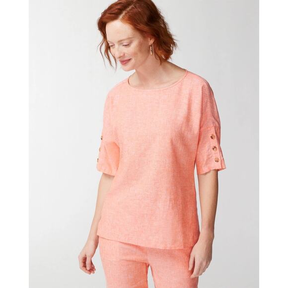 Chico’s Linen Blend Coral Button Short Sleeve Popover Top Size 2(US 12) NWT - Picture 1 of 12